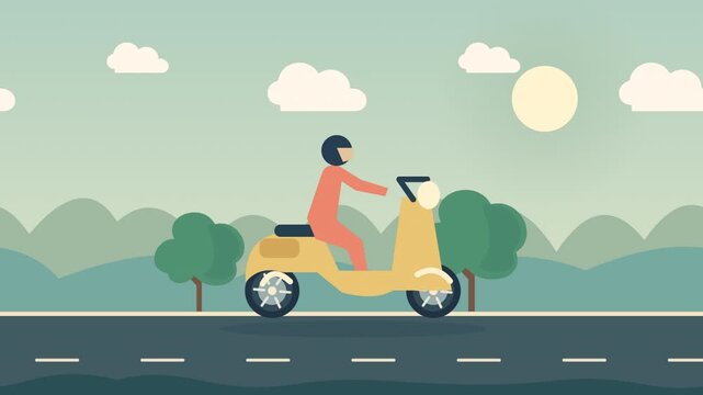 Animation of person riding scooter along country road