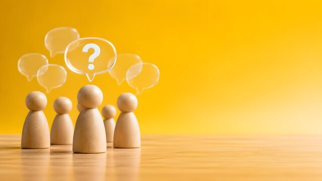 Team brainstorming and audience feedback concept with wooden figures and transparent question mark bubble
