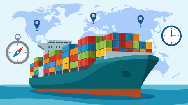 Global freight shipping concept with container ship, world map, and time