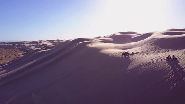 dynamic aerial view of a powerful dune buggy speeding down a vast desert sand dune, kicking up sand as it goes.