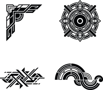 A selection of four diverse black and white non-representational geometric vector shapes featuring complex intricate line designs.