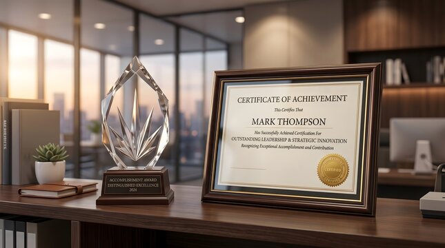 Framed certificate of achievement and crystal trophy on office desk