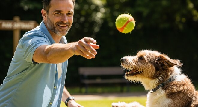 Male pet owner playing fetch with dog in park, throwing ball. Happy playing fetch moment shows joyful human animal bond. Imagery for pet care, active lifestyle playing fetch.