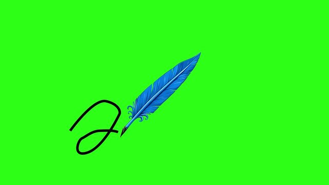 Animated blue feather quill pen writing a signature on a green screen. Perfect for historical documents, contracts, poetry, and literature.