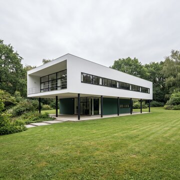 Modernist white house with ribbon windows on slender pilotis