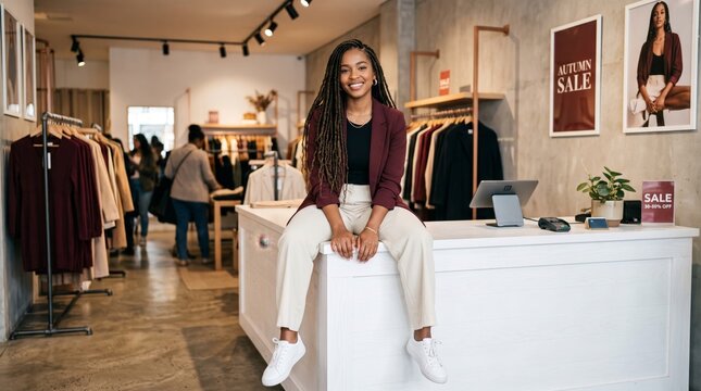 Smiling Black female fashion boutique owner sitting at checkout counter during a seasonal clothing sale
