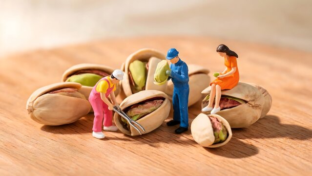 Miniature Workers and Woman Around Open Pistachio Nuts