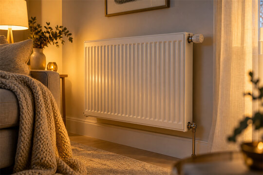 White radiator in a cozy living room with warm ambient light