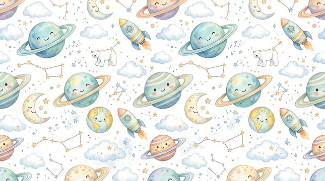 Seamless pattern featuring whimsical outer space elements including cute smiling planets and rocket ships with clouds and constellations designed for nursery decor or playful child textile