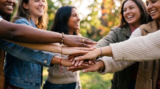 Multicultural women stacking hands outdoors to celebrate friendship, unity, support and female empowerment