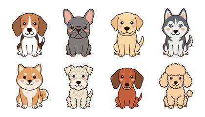 Obraz premium Cute Dog Breed Cartoon Vector Illustration Set Featuring Beagle French Bulldog Golden Retriever Husky Shiba Inu and Poodle Icons for Pet Shop Branding and Nursery Graphic Designs