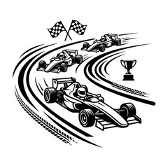 Obraz premium Formula one race cars speeding on a curved track with a checkered flag and a trophy, black and white on white background
