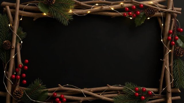 Rustic Christmas frame made of natural branches, pine needles, red berries, and twinkling fairy lights on a dark background, offering copy space for festive designs.
