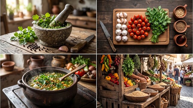 Ce montage de quatre images, g&eacute;n&eacute;r&eacute; par intelligence artificielle, pr&eacute;sente les &eacute;tapes de pr&eacute;paration d'un plat mijot&eacute; rustique : herbes fra&icirc;ches pil&eacute;es au mortier, l&eacute;gumes dispos&eacute;s sur une planche en