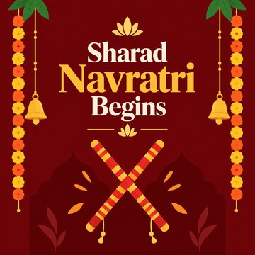 Traditional colorful dandiya sticks for dance festival against red background with floral hanging