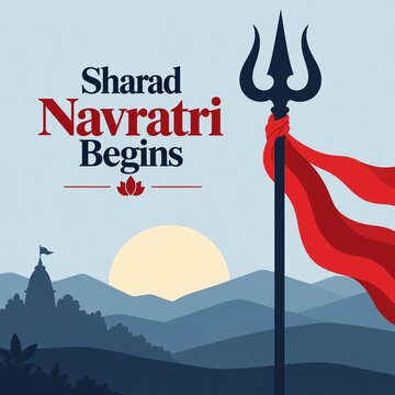 Sharad navratri graphic depicting a trident with red cloth in landscape with distant temple