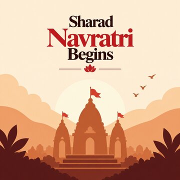 Sharad navratri begins with a traditional indian temple silhouette on a warm orange background
