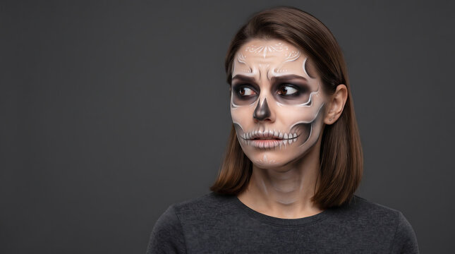 Brunette woman with skeleton face paint looks aside with a worried expression.