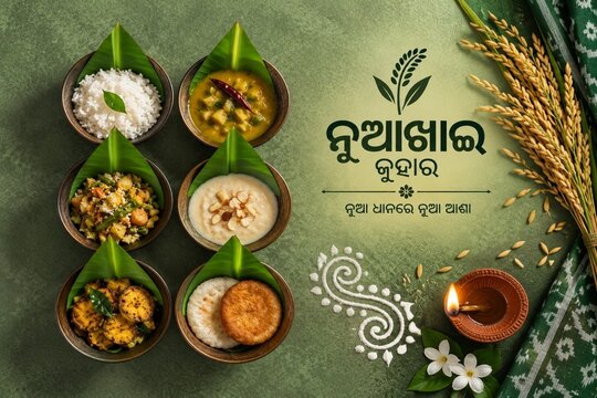 Nuakhai Juhar festive khali featuring new rice, traditional Odia dishes, pitha, paddy and leaf-lined bowls, celebrating Odisha&rsquo;s harvest festival and cultural heritage.
