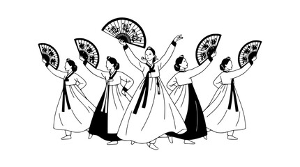 Obraz premium Korean traditional dance, women in hanbok with fans, elegant performance, cultural art
