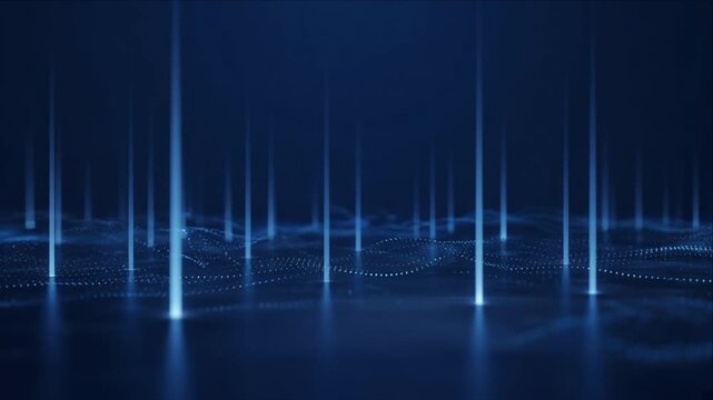 Cinematic futuristic technology background with glowing blue digital data grid, abstract light pillars, vertical beam, streaming waves, and sleek innovation landscape creating depth, mystery