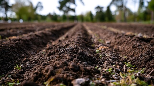 Rows of freshly tilled dark soil stretch into the distance under a soft sky  with blurred green trees in the background