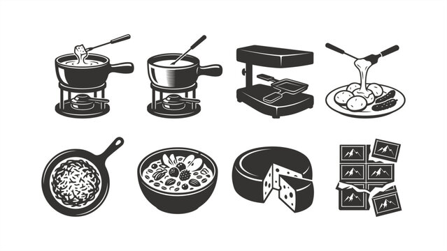 Vector icon set of traditional Swiss food items including cheese fondue pots, raclette grill, melted cheese on potatoes, skillet rosti, muesli bowl, cheese wheel, and chocolate.