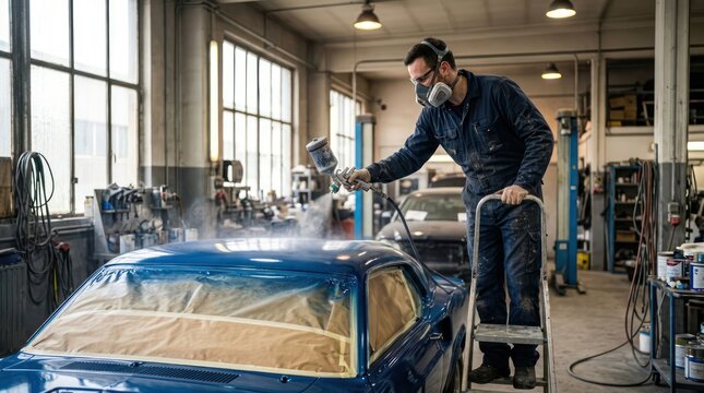 Professional Auto Mechanic Spray Painting a Classic Car in a Workshop.