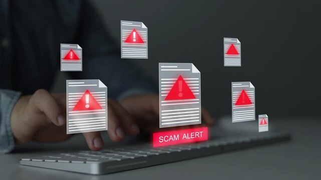 Scam Alert concept showing scam or fraud document warning digital, highlighting cybersecurity, data protection, identity risk and online threats in modern communication systems	