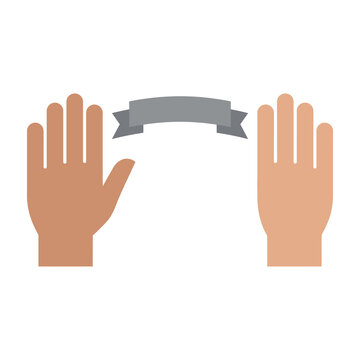 Hands with gray banner for text or logo, symbolizing communication or presentation