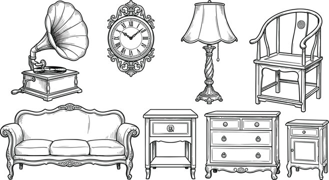 Vintage classic furniture collection set including retro gramophone wall clock table lamp sofa drawers and wooden chair vector