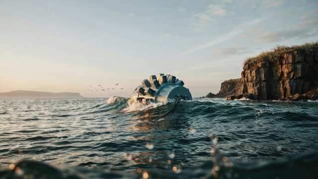 Giant Rolling Stone on Ocean Waves, Dramatic Coastal Landscape, Conceptual Illustration of Natural Forces and Erosion.