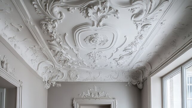 Detailed Close-Up of Intricate Plaster Ornate Ceiling Rosette Architectural Detail Elegant Interior Design Element.