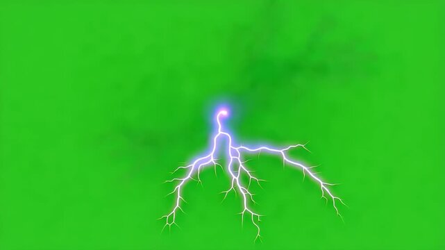 Electric lightning storm bolts flashing with bright intensity in a dynamic motion video clip against a vibrant green screen background