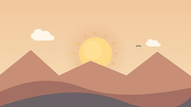 Minimalist Desert Landscape with Rising Sun and Clouds Animation