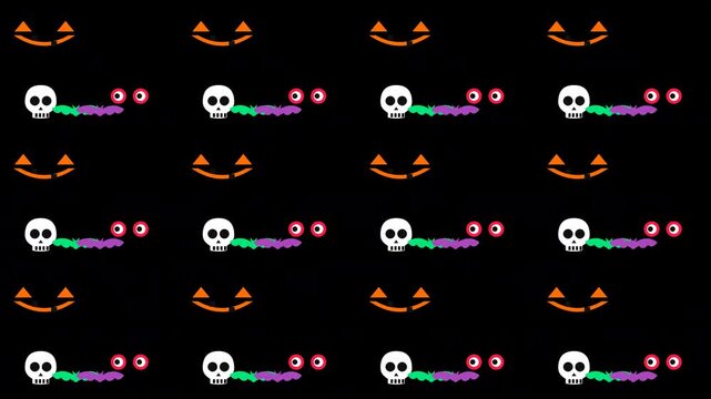 halloween pattern animation with colorful skulls bats pumpkin faces and spooky eyes on dark background
