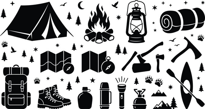 Outdoor camping adventure and hiking vector icons set featuring tent campfire backpack map and equipment elements