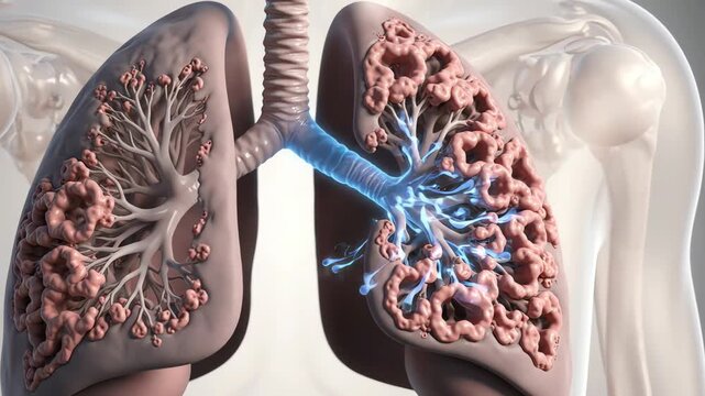 Lungs affected by chronic obstructive pulmonary disease, showing narrowed airways and damaged lung tissue that restrict normal airflow