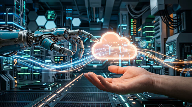 Robot hand reaching for glowing cloud network icon held by human hand in futuristic lab