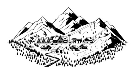 Fototapeta premium Alpine ski resort village nestled in snowy mountains with ski lifts and chalets, black and white illustration.