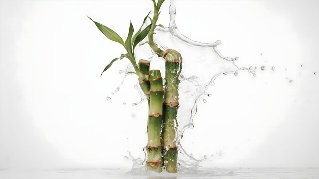 Photograph of bamboo stalks with green leaves, splashing water against a white background, emphasizing freshness and vitality. The image captures the dynamic motion of water droplets and the natural t