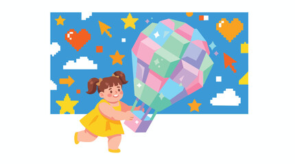 Naklejka premium Girl flying colorful hot air balloon