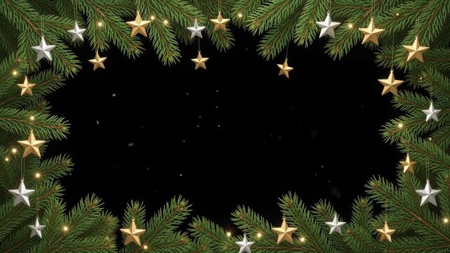 Christmas festive frame with fir branches, golden and silver stars, and sparkling lights on a black background.