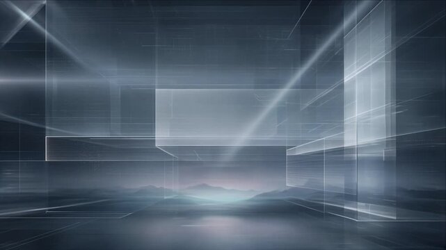 Cinematic futuristic technology background with glowing geometric architecture, abstract digital horizon, atmospheric blue light, misty landscape, sleek virtual environment for modern design