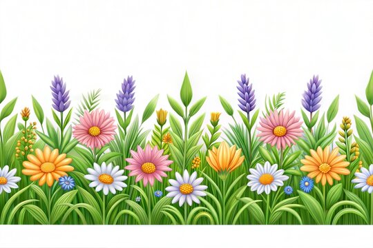 Seamless border of wildflowers and herbs. Watercolor detailed drawing.