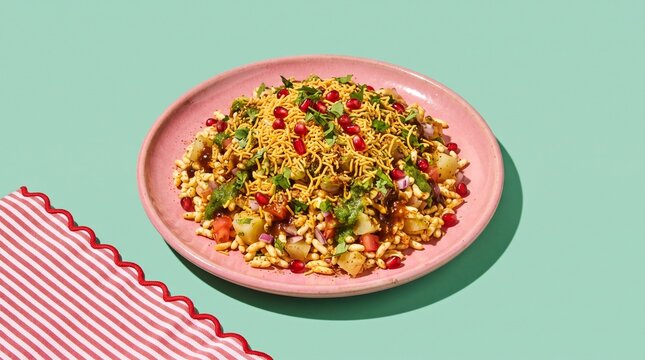 Bhel Puri Indian Street Food Salad with Puffed Rice, Sev and Pomegranate Seeds