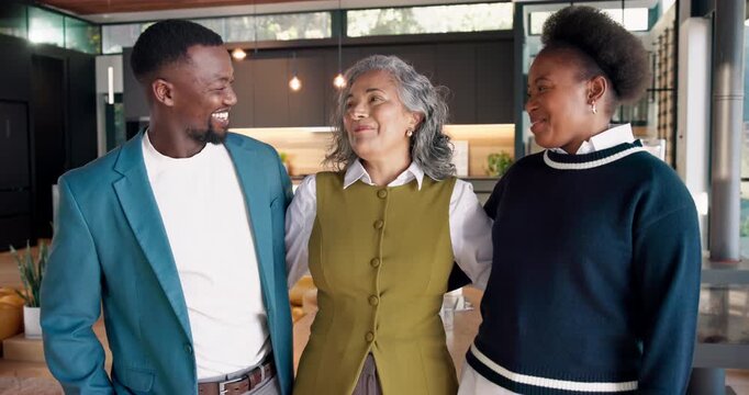 Business people, teamwork and hug for support with smile, funny chat and realtors with solidarity. Face, collaboration and happy staff with connection for unity, laugh or real estate agents in office