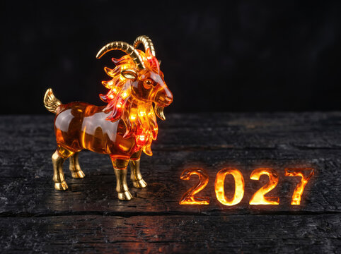 Fiery golden goat figurine and glowing "2027" numerals on a dark charred wooden surface. Concept of New Year 2027 celebration and fiery renewal.