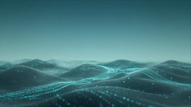 Cinematic futuristic technology background with glowing turquoise data wave flowing across dark digital landscape and atmospheric horizon, creating immersive digital innovation network concept design