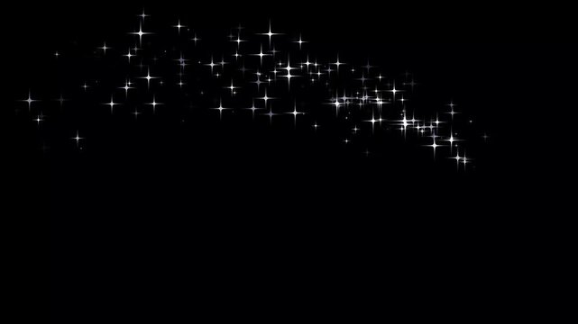 Luxury glitter sparkle animation with twinkling star trail on black screen, magic glitter dust trail, curved star motion burst, white twinkling stars line, fantasy light motion background, 4k